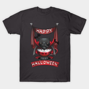 "Happy Halloween" Vampire Teacup Cat T-Shirt